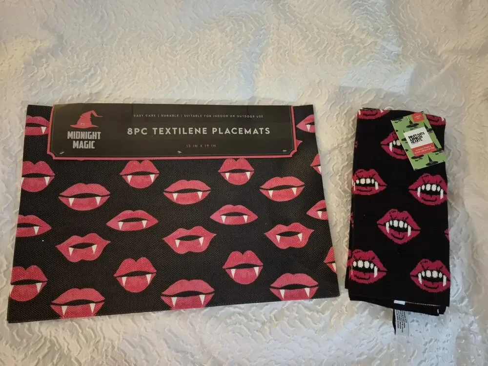 💥 Midnight Magic Placemats & Towels 8 13”x19” Vampire Black Red Teeth Lips A6